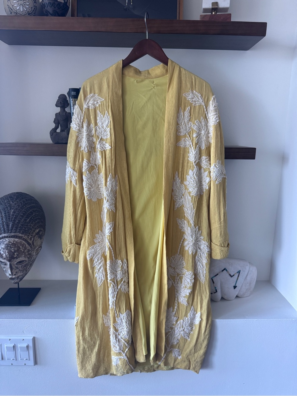 Anthropologie Yellow Embroidered Open-Front Robe